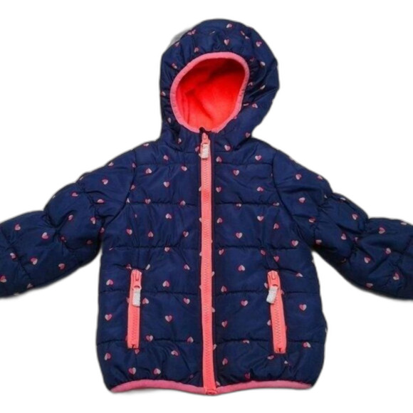 Carter's Puffer Coat Blue with Pink Fleece Lining Hearts Pockets Size 18 Month - Picture 1 of 11